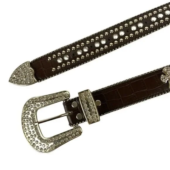 Ladies Western Rhinestone Belt Size S/M Brown Faux Leather Crosses Bling Cowgirl - Picture 2 of 4